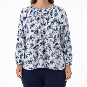 Lane Bryant Plus Size 26/28 Blue Floral Blouse Balloon Sleeve Boho Cottagecore